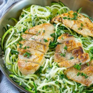 zoodles in pan with chicken for alfredo dish