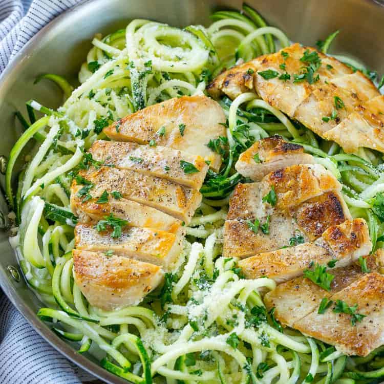 Chicken Alfredo Zoodles in pan with chicken and parsley 