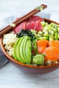 deconstructed sushi in bowl with vegetables