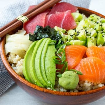 deconstructed sushi in bowl with vegetables