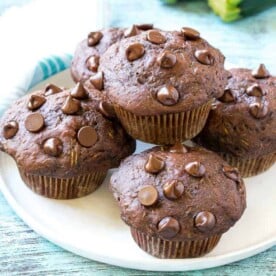 close up of chocolate muffins on a plate