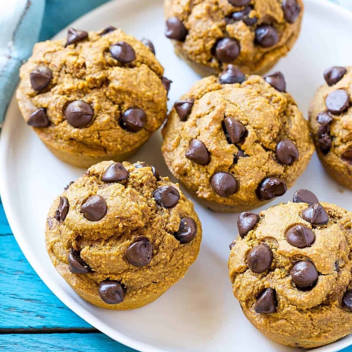 pumpkin Muffins with chocolate chips on a white plate.