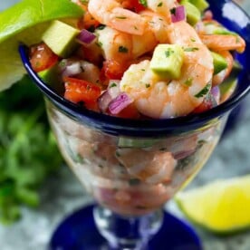 shrimp cocktail in glass with lime