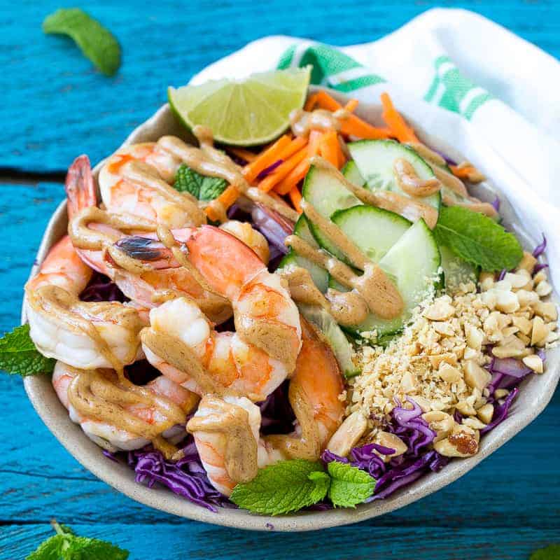 top down shot of Shrimp Salad with Peanut Dressing in a bowl