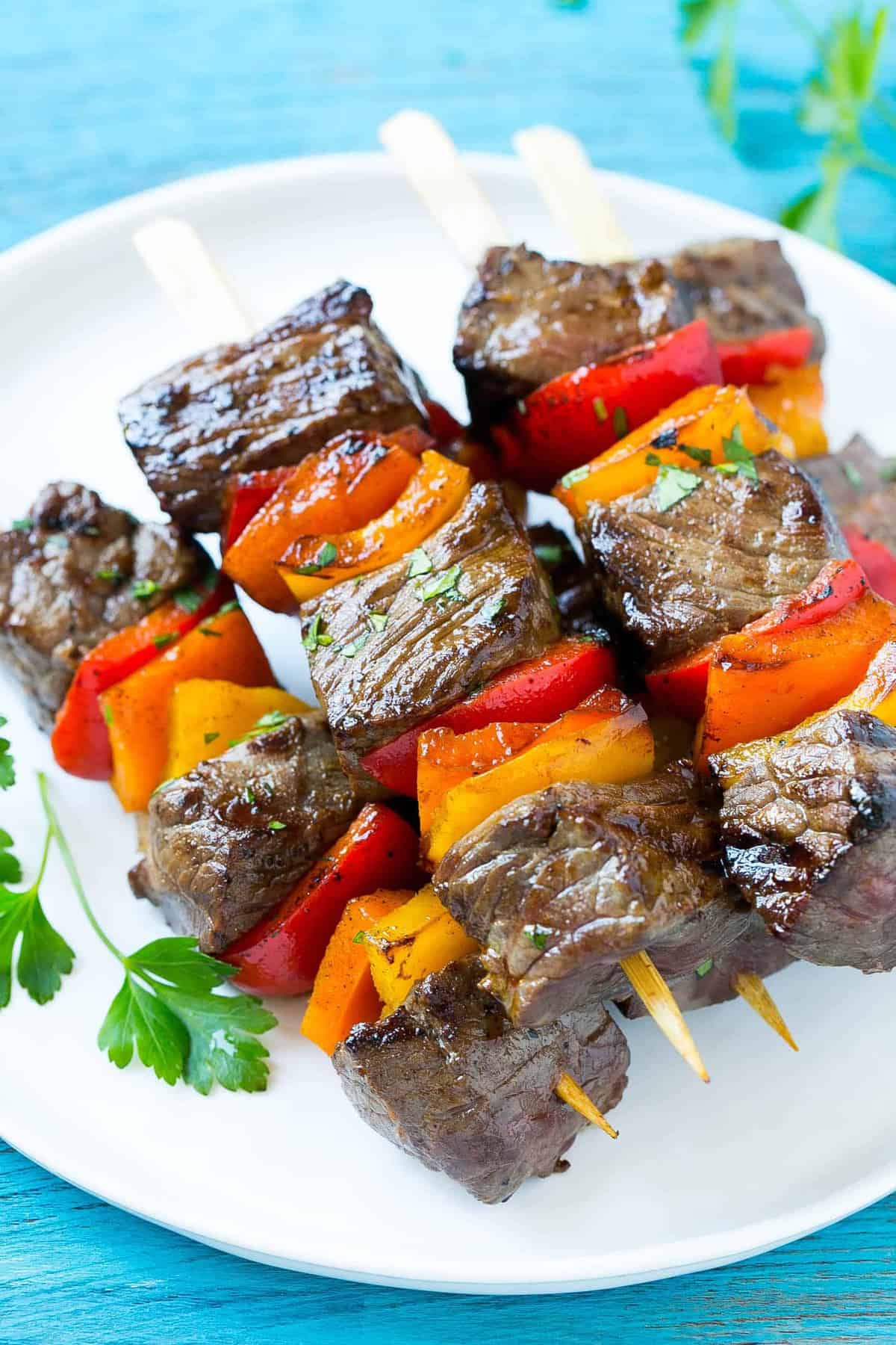 kabobs made with lean steak and peppers 