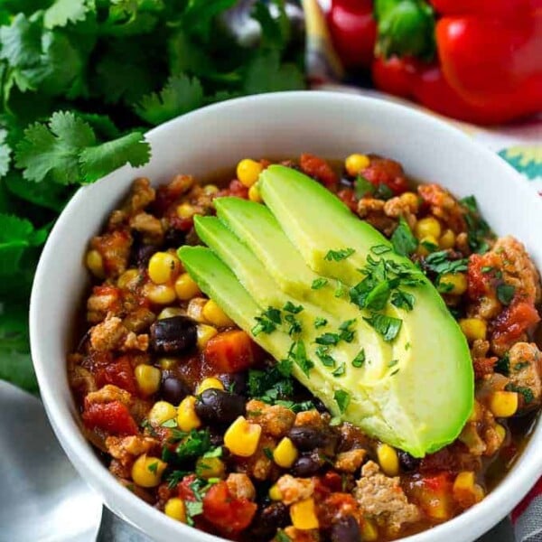 Slow Cooker Southwest Turkey Chili in a white bowl