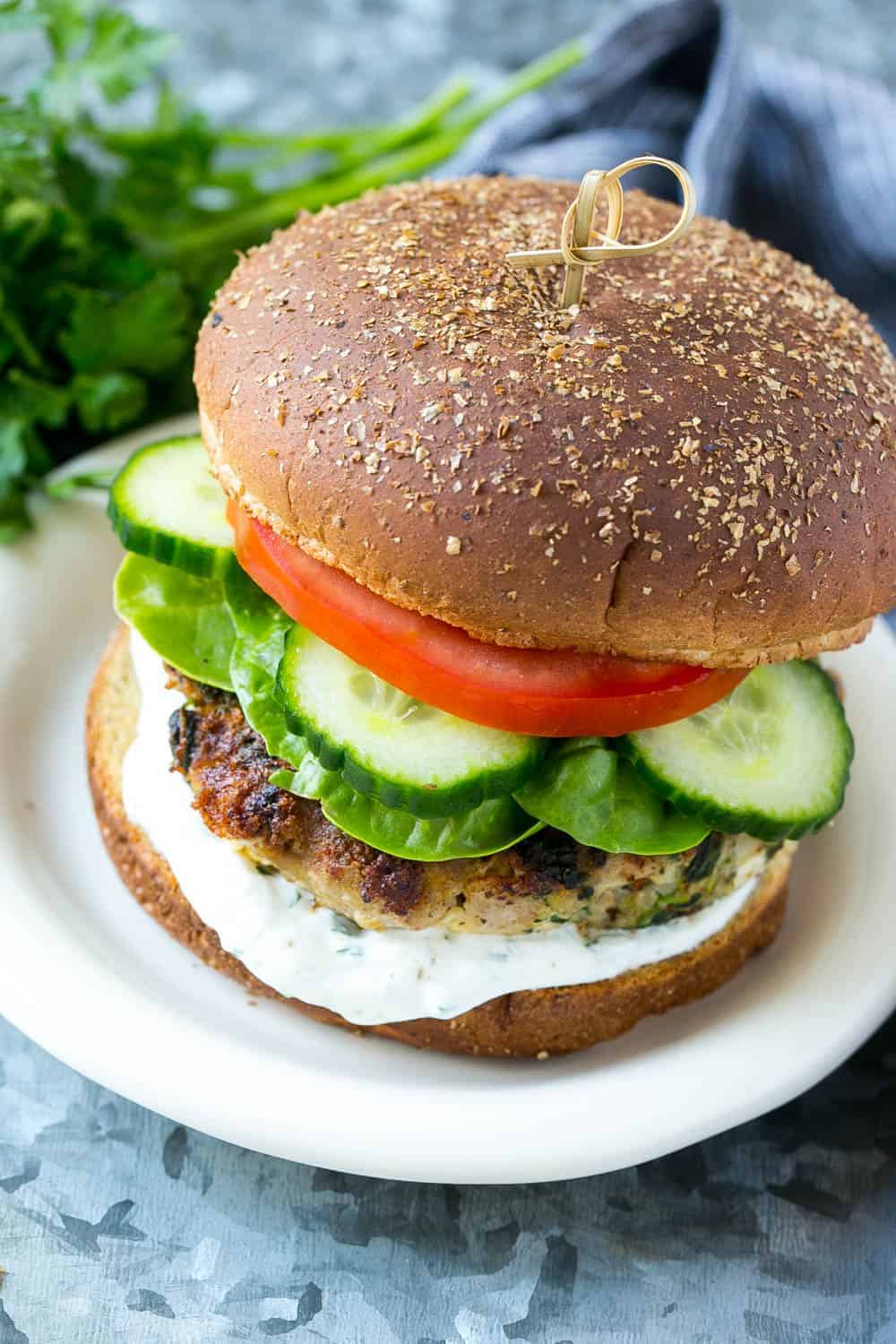 turkey feta burger with spinach on plate