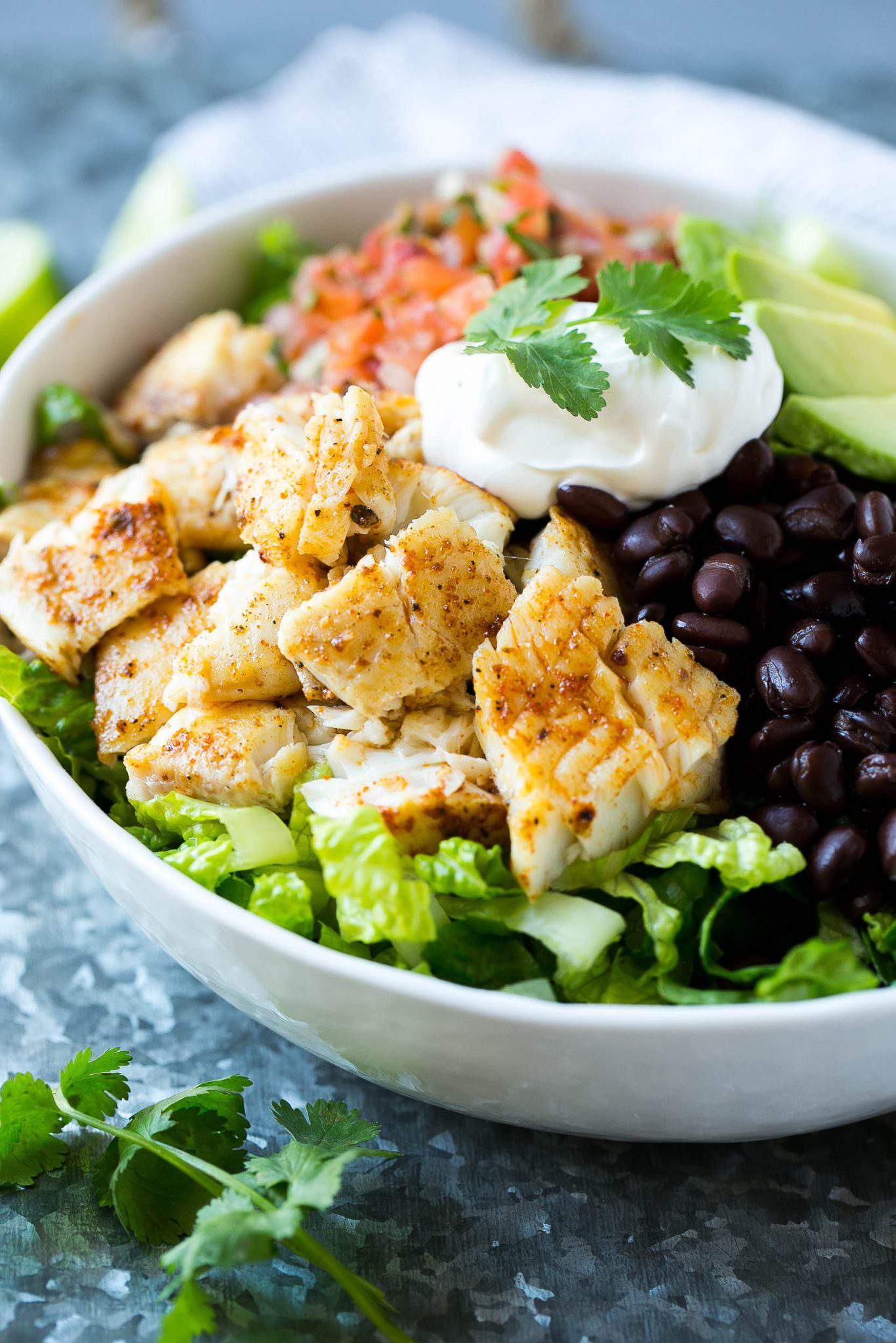 easy fish taco bowl with crispy fish 