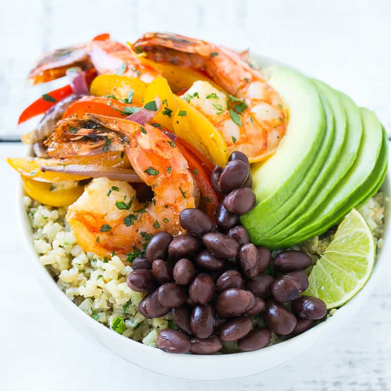 top down shot of Shrimp Fajita in a white Bowl.