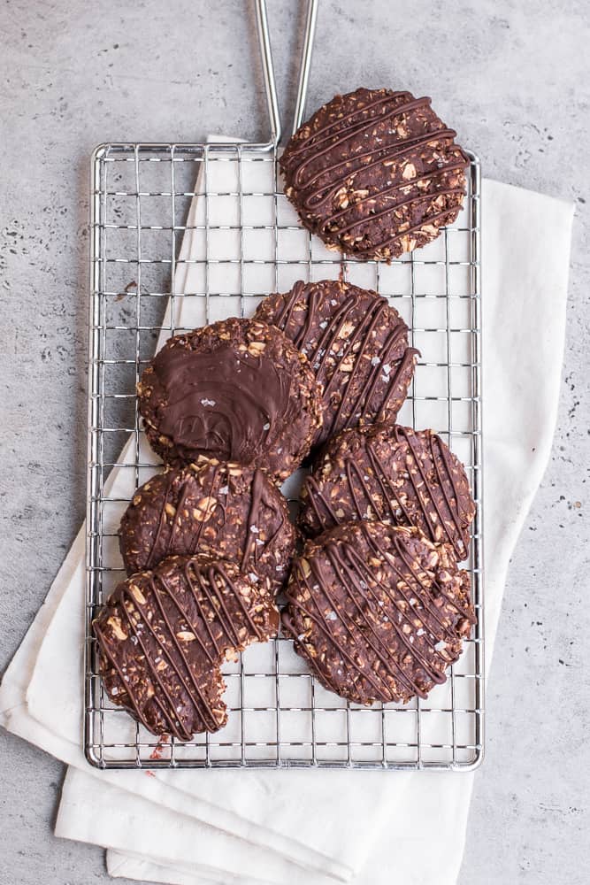 No-Bake chocolate Oatmeal Cookies on a wire rack