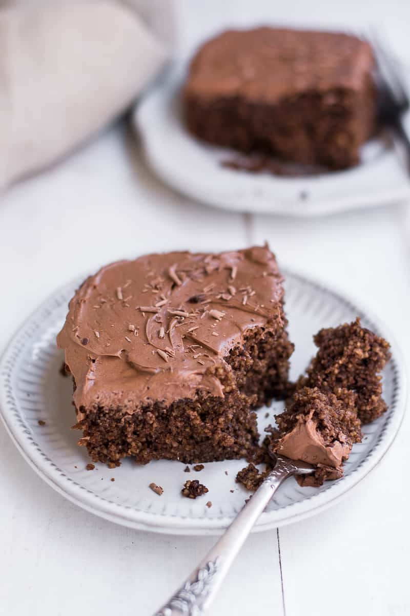 sliced chocolate cake on a plate with a piece cut out using a fork