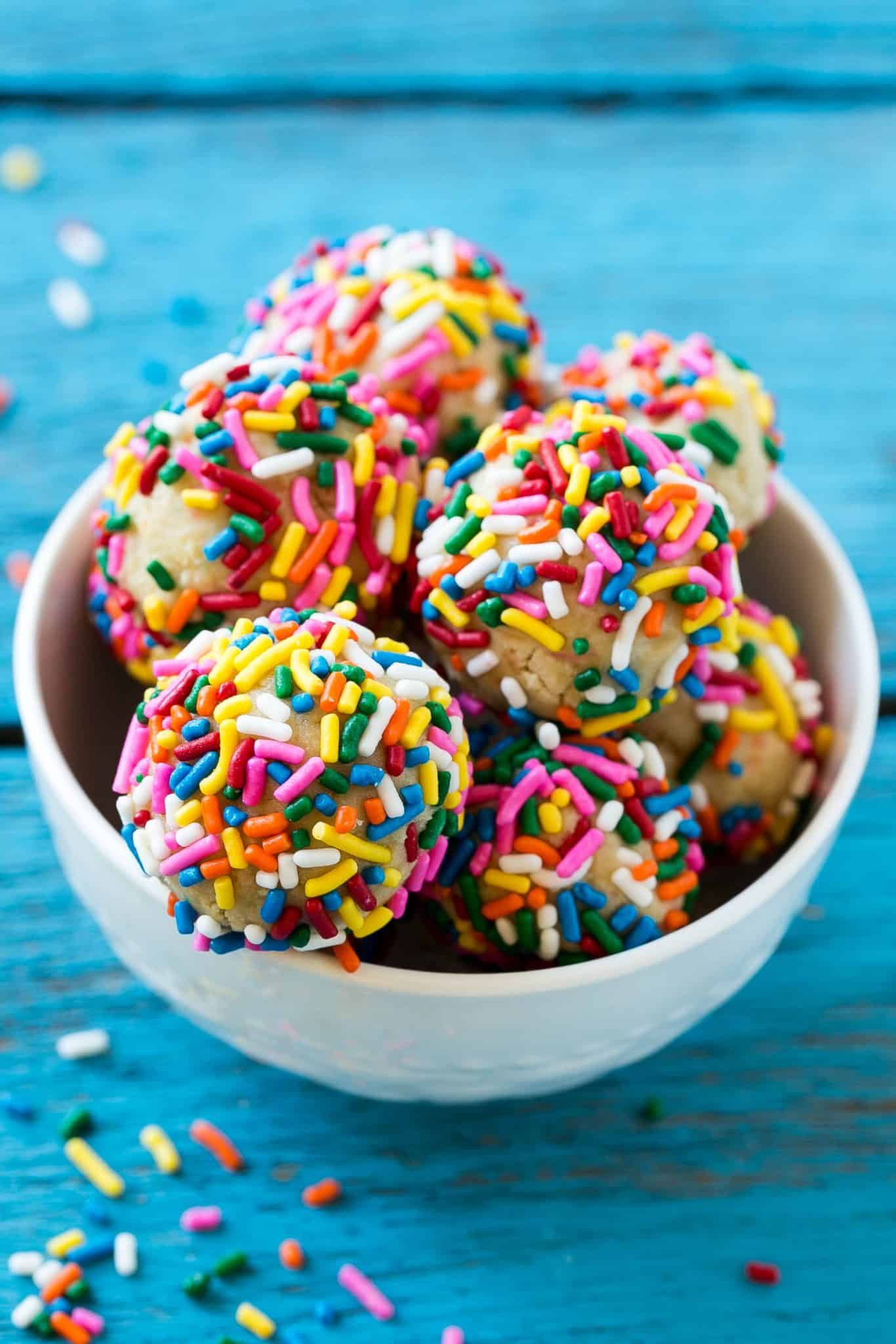 birthday cake protein bites in white bowl 