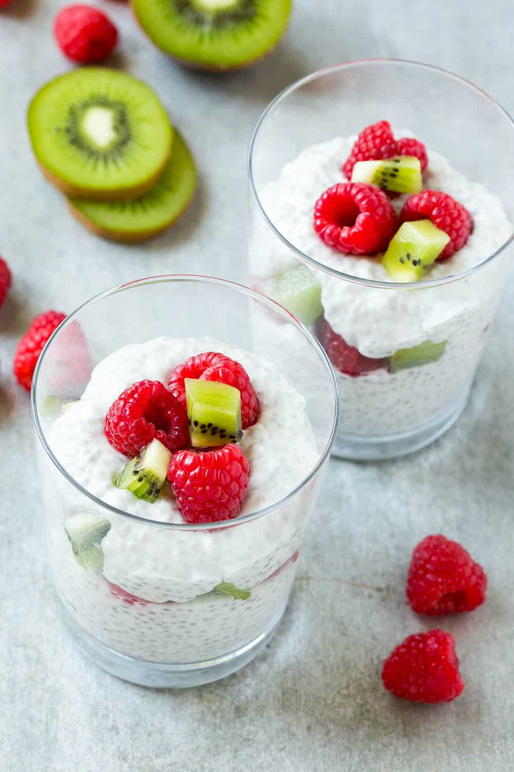 Easy Coconut Chia Pudding with kiwi and fruit served in glass dish