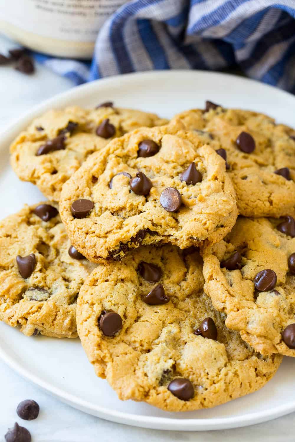 white plate with gluten free chocolate chip peanut butter cookies 