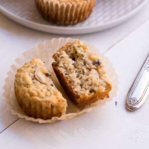 closeup view of a single muffin cut up in the middle