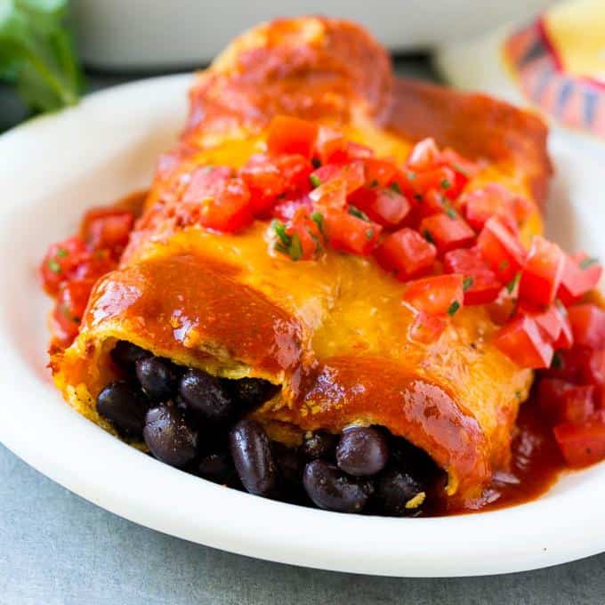 close up of Black Bean Enchiladas on a plate 