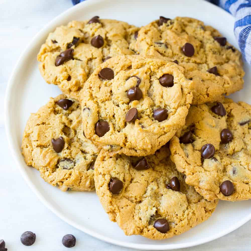 white plate with chocolate chip peanut butter cookies