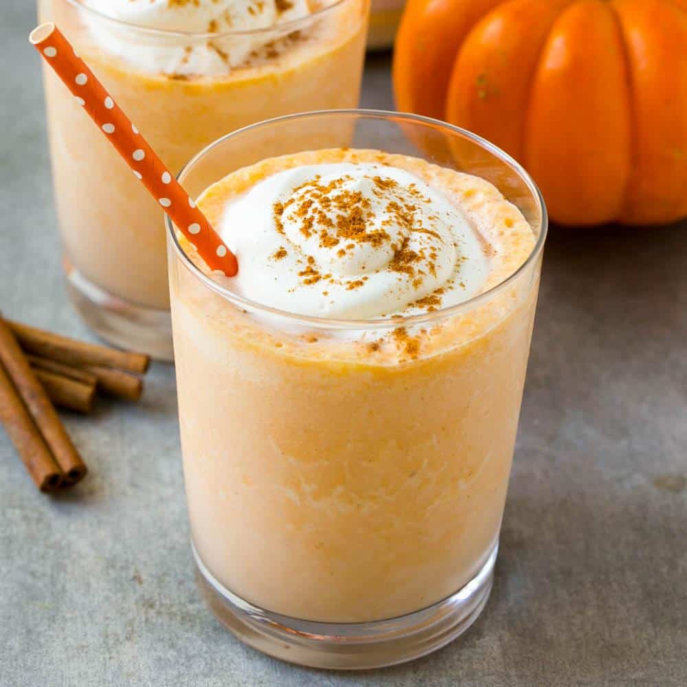 pumpkin pie protein smoothie in a glass
