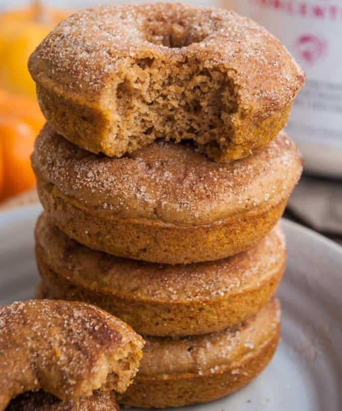 A stack of Cinnamon Sugar Pumpkin Donuts
