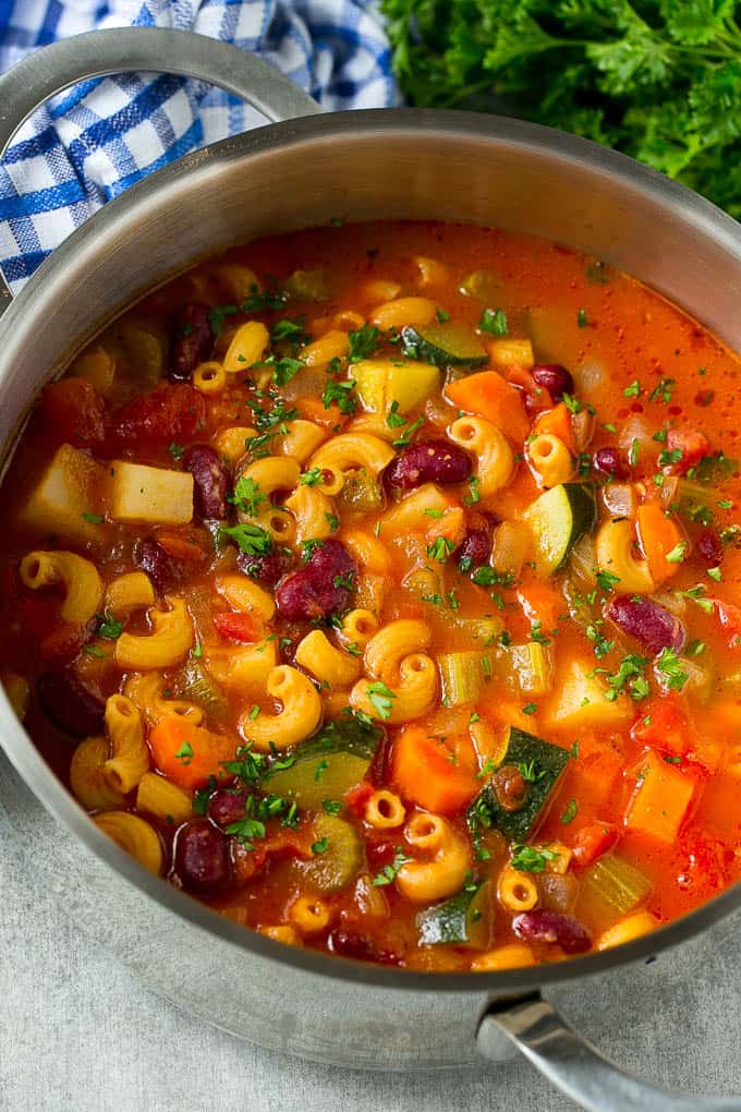 Vegetable Minestrone Soup in a silver pot