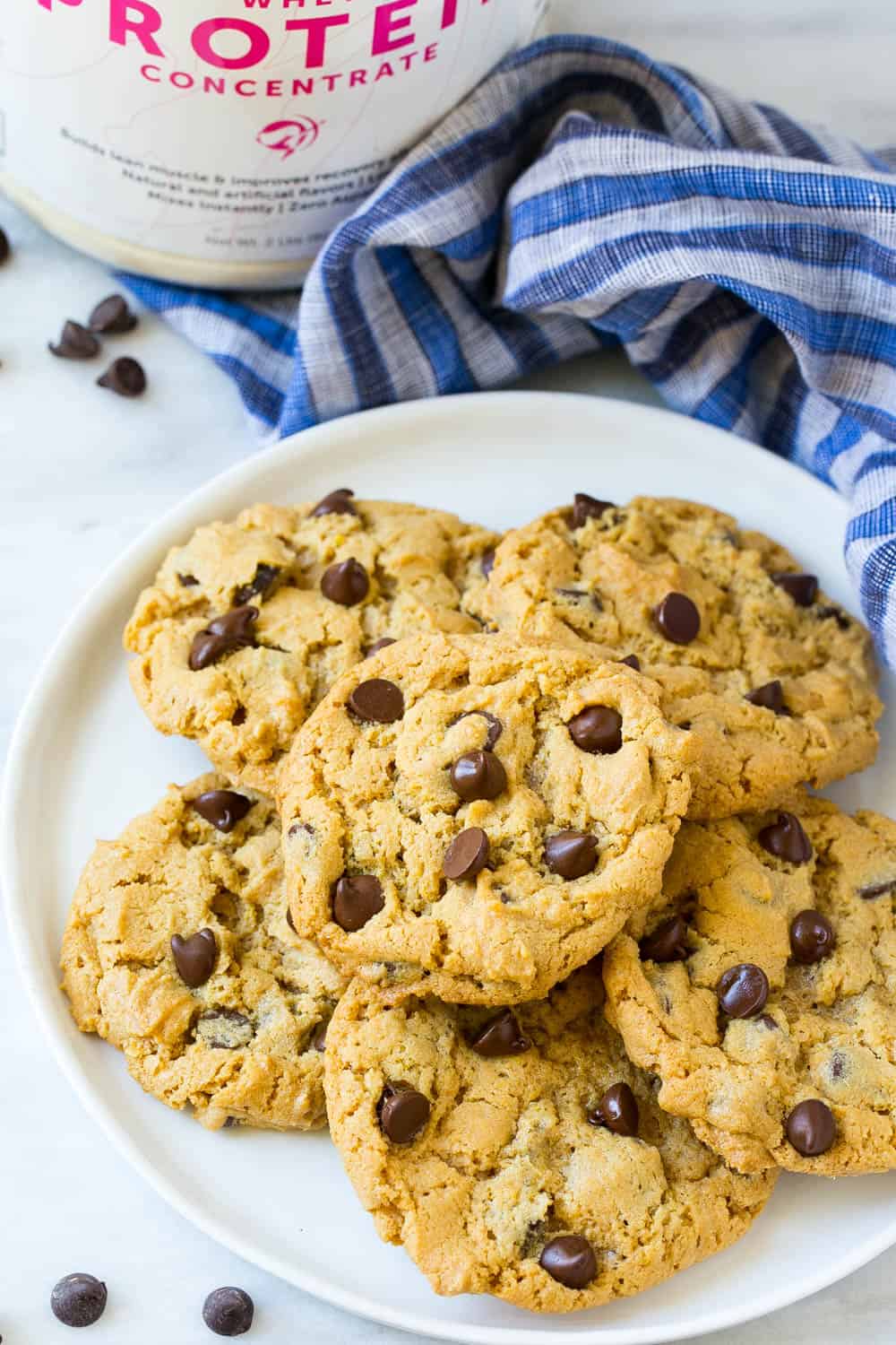 a plate with gluten free peanut butter chocolate chip cookies