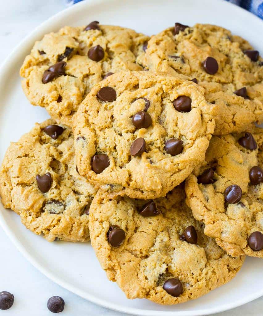 one plate with peanut butter chocolate chip cookies 