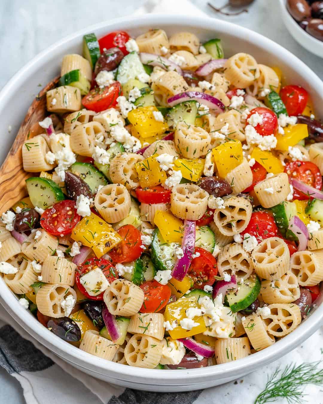 Greek Pasta Salad recipe in a bowl 