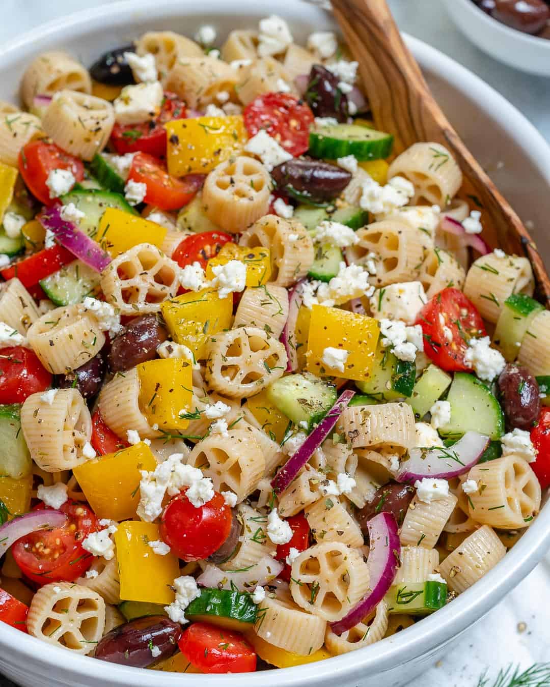 close up of greek salad in a bowl