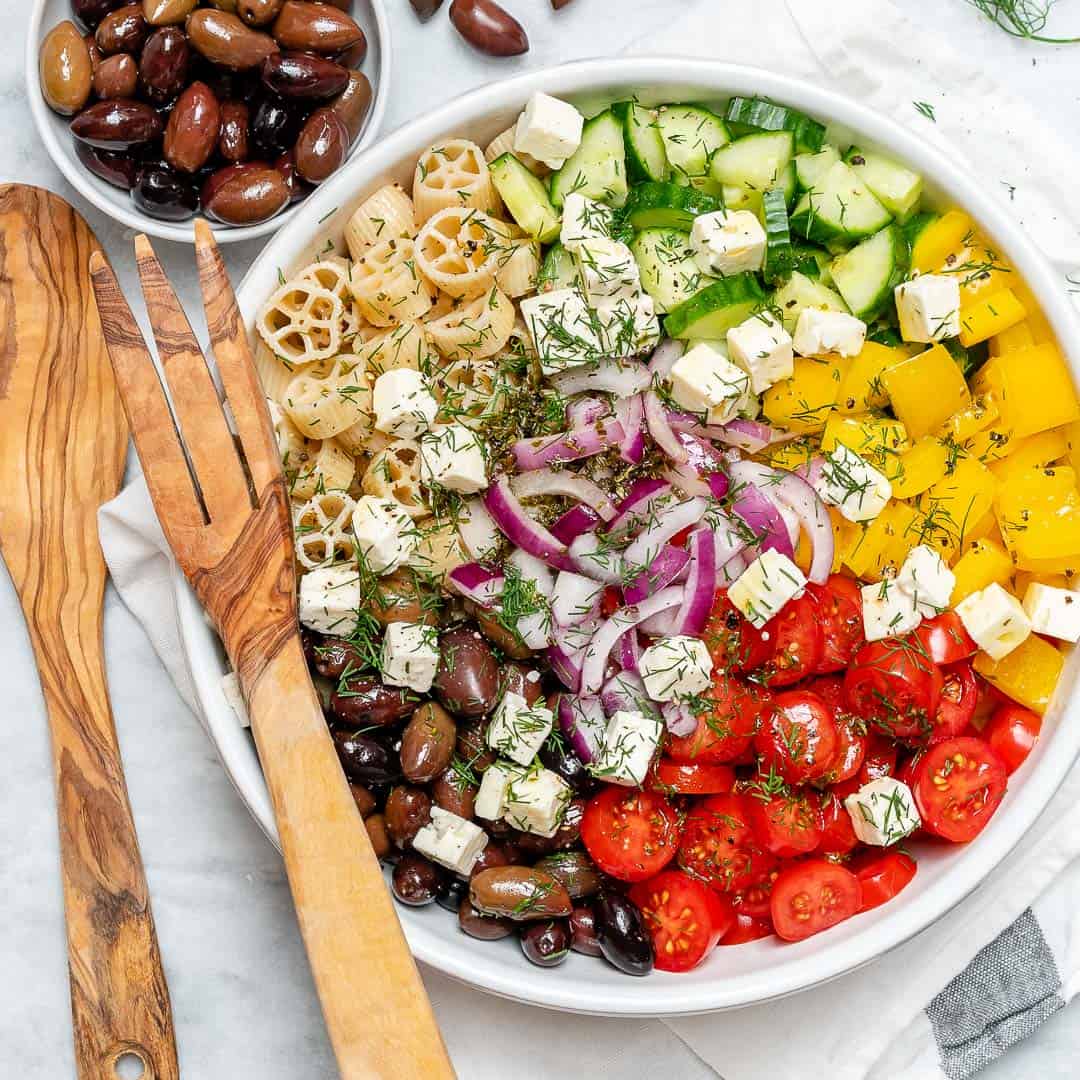 top down shot of Greek Pasta Salad recipe