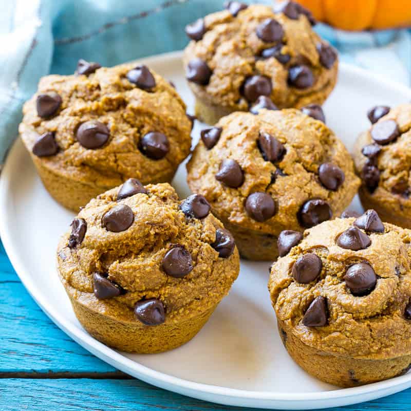 close up of healthy pumpkin muffins with chocolate chips