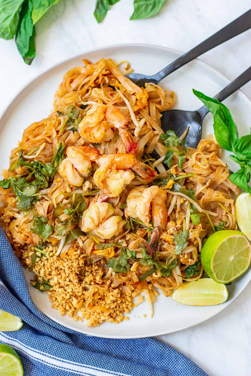 top down shot of Shrimp Pad Thai on a plate