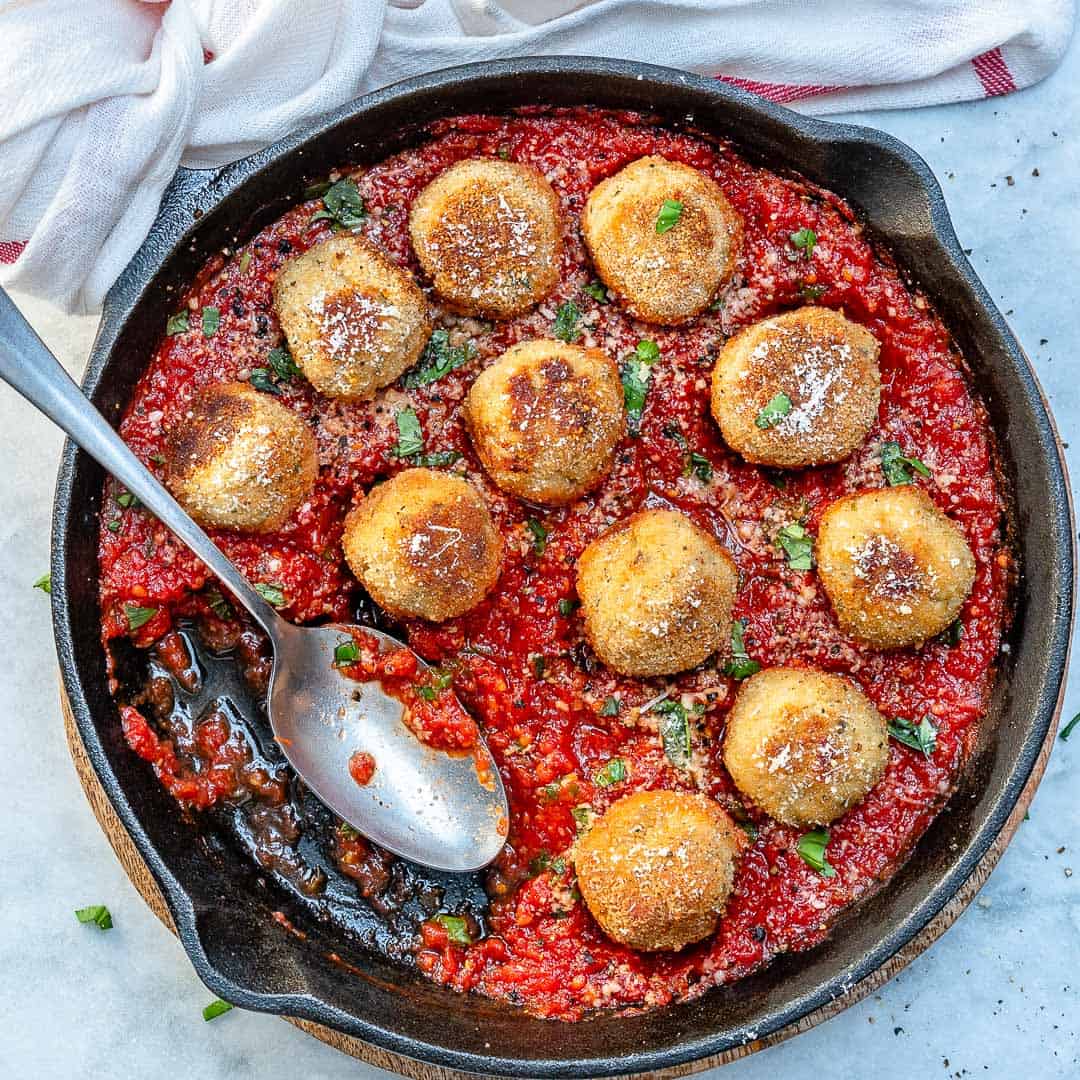Chicken Parmesan Meatballs In Tomato Sauce in skilet