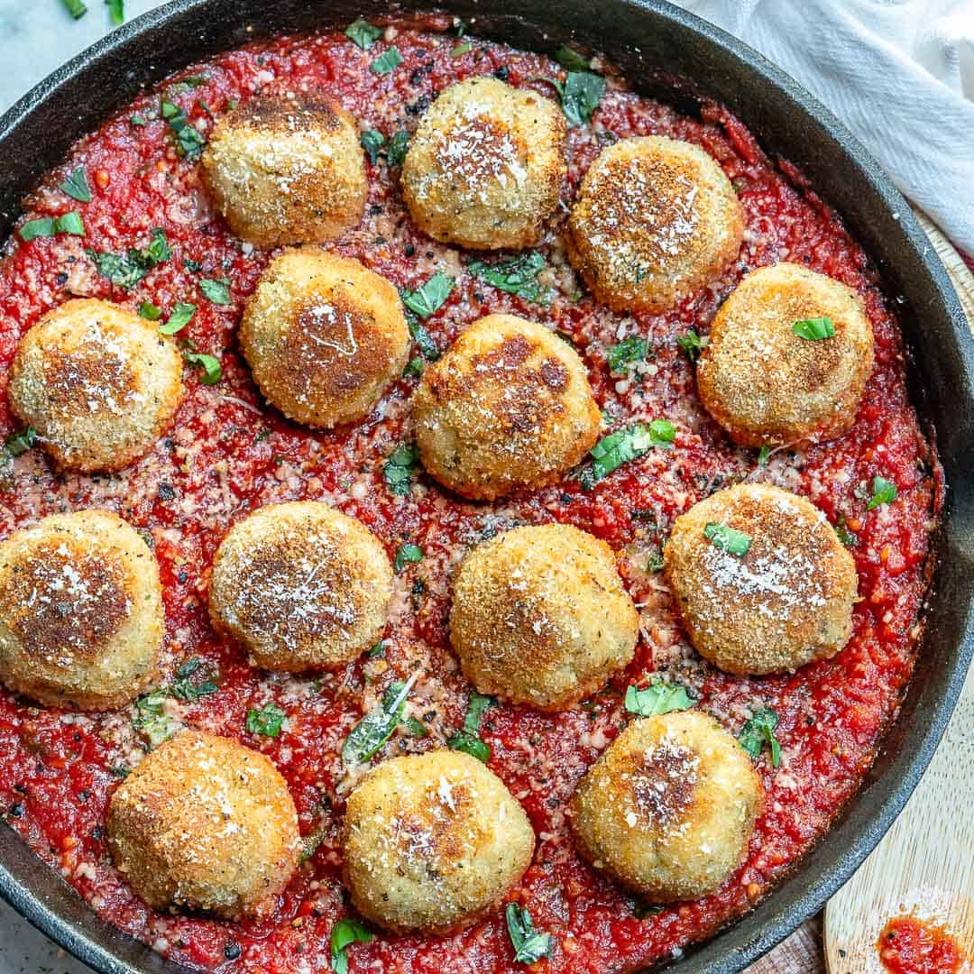 skillet with tomato sauce and meatballs