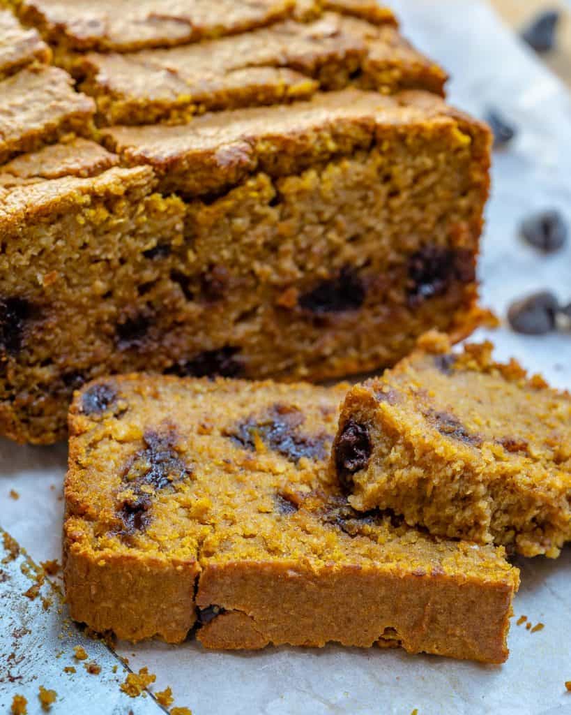 side shot of Chocolate Chip Pumpkin Bread slice