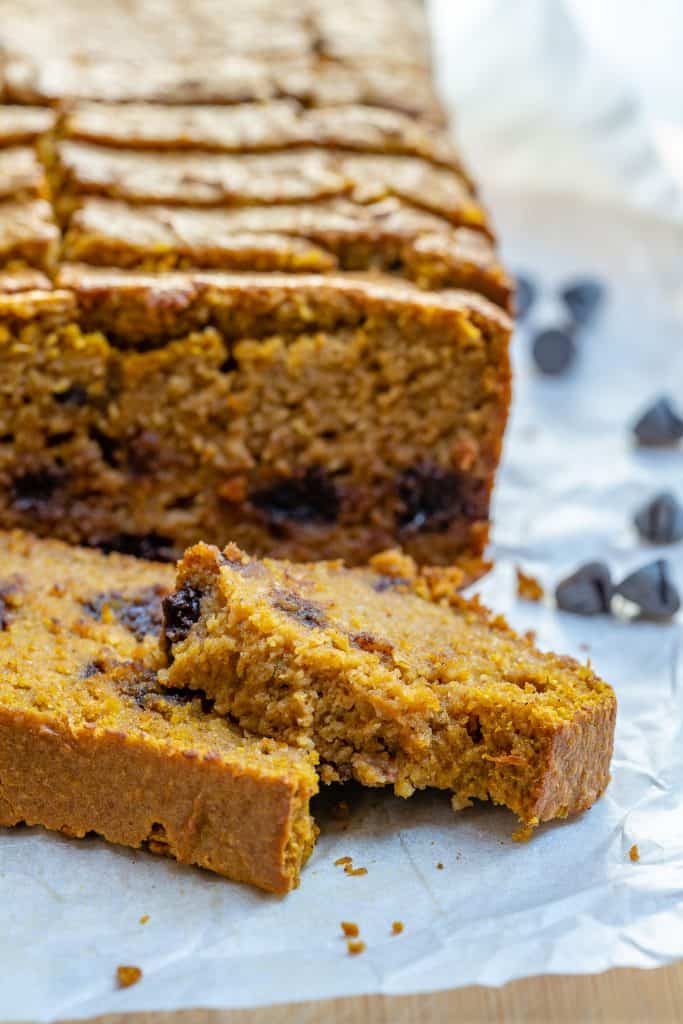 side shot of pumpkin bread slices 