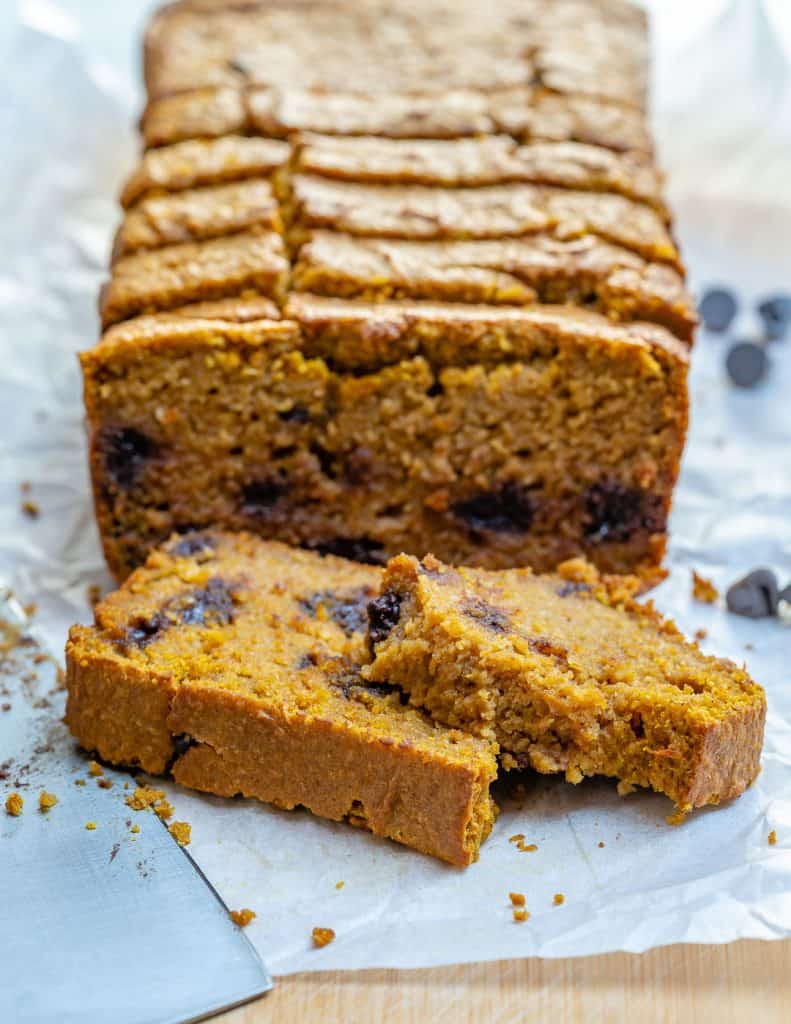 side shot of sliced Chocolate Chip Pumpkin Bread