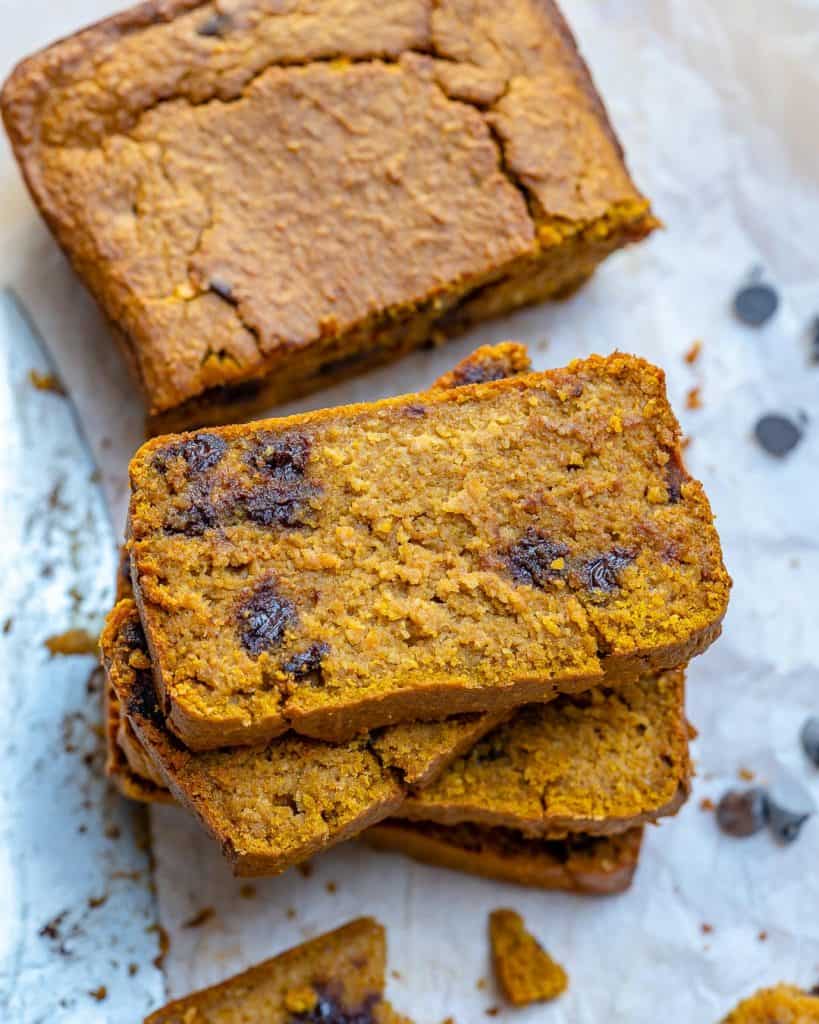 top view of Chocolate Chip Pumpkin Bread slices on each other