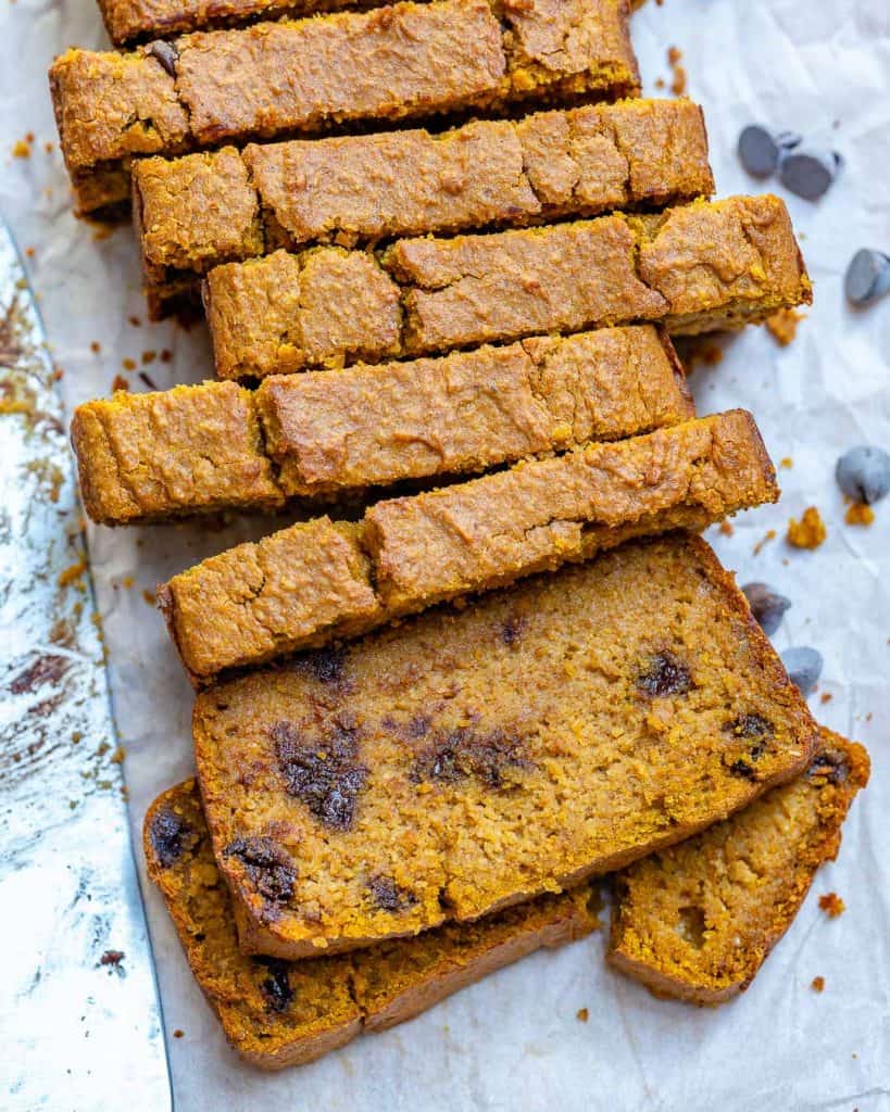 top view of sliced Chocolate Chip Pumpkin Bread