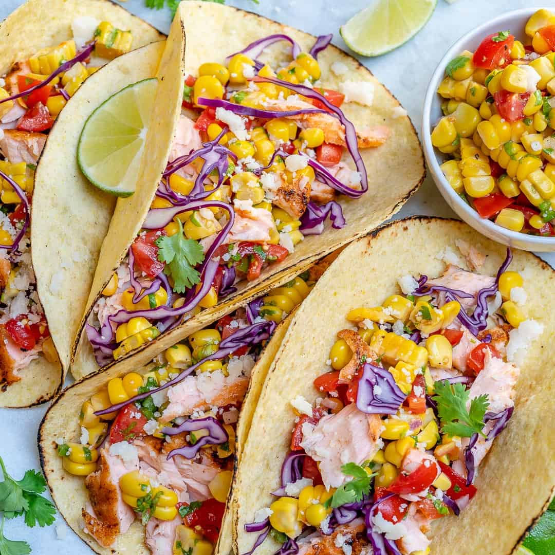 top view of Salmon Tacos With Corn Salsa side by side on a plate