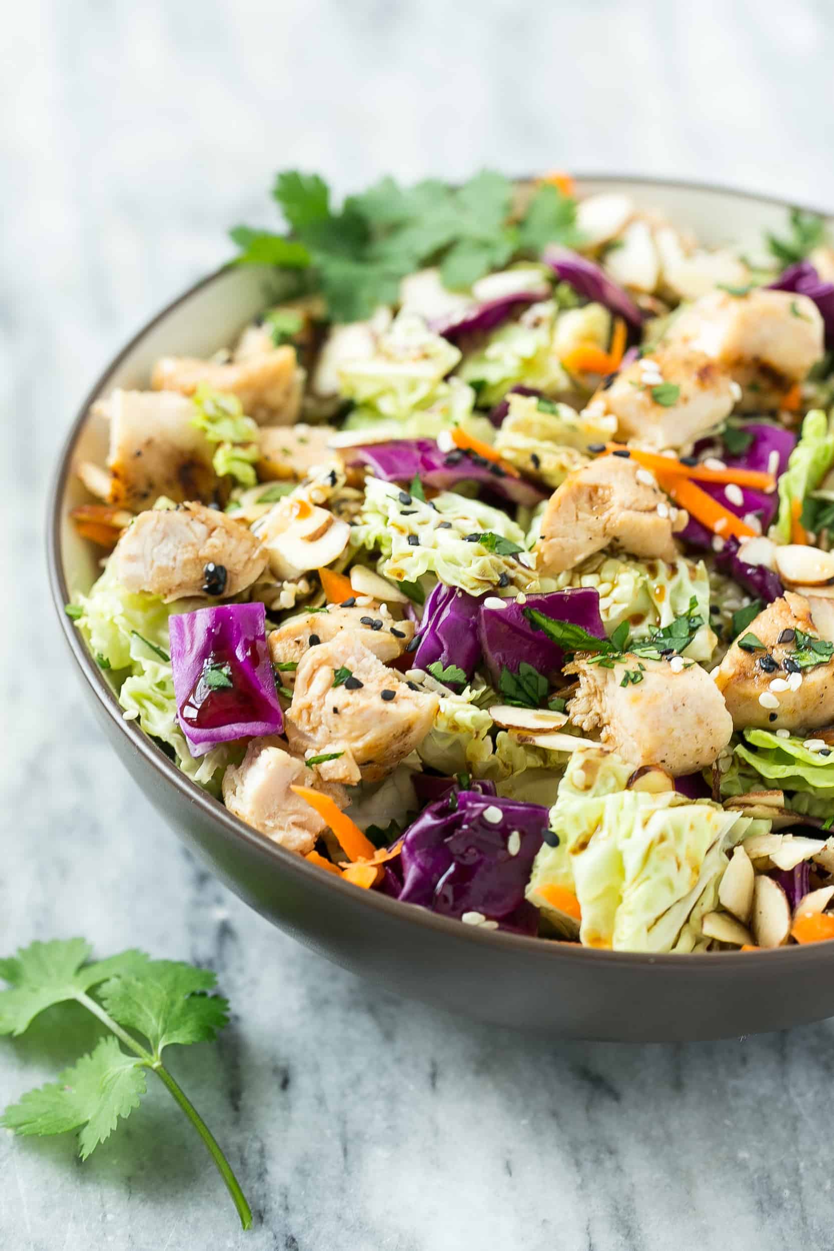 side view chicken salad in bowl.