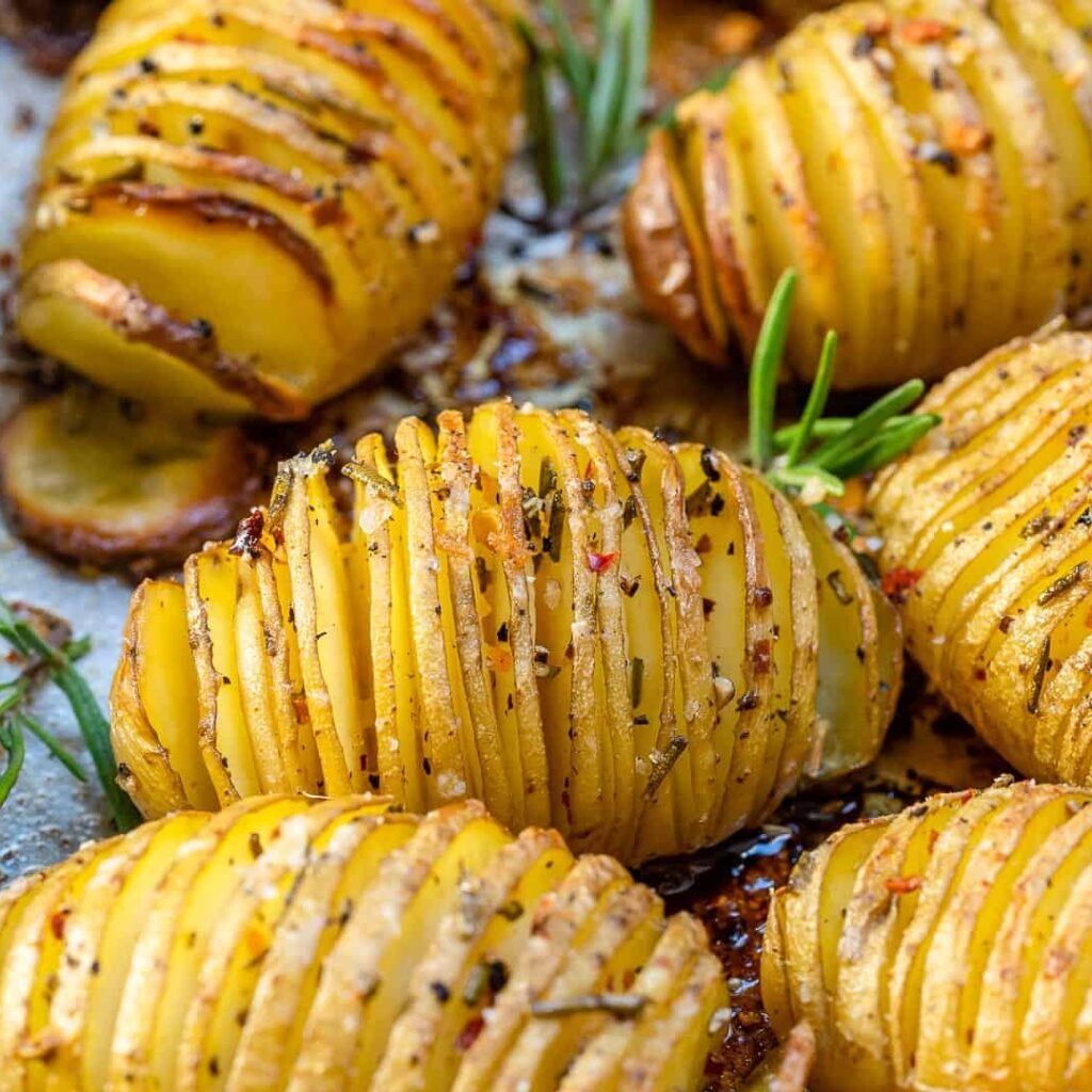 close up view of a hasselback baked potato