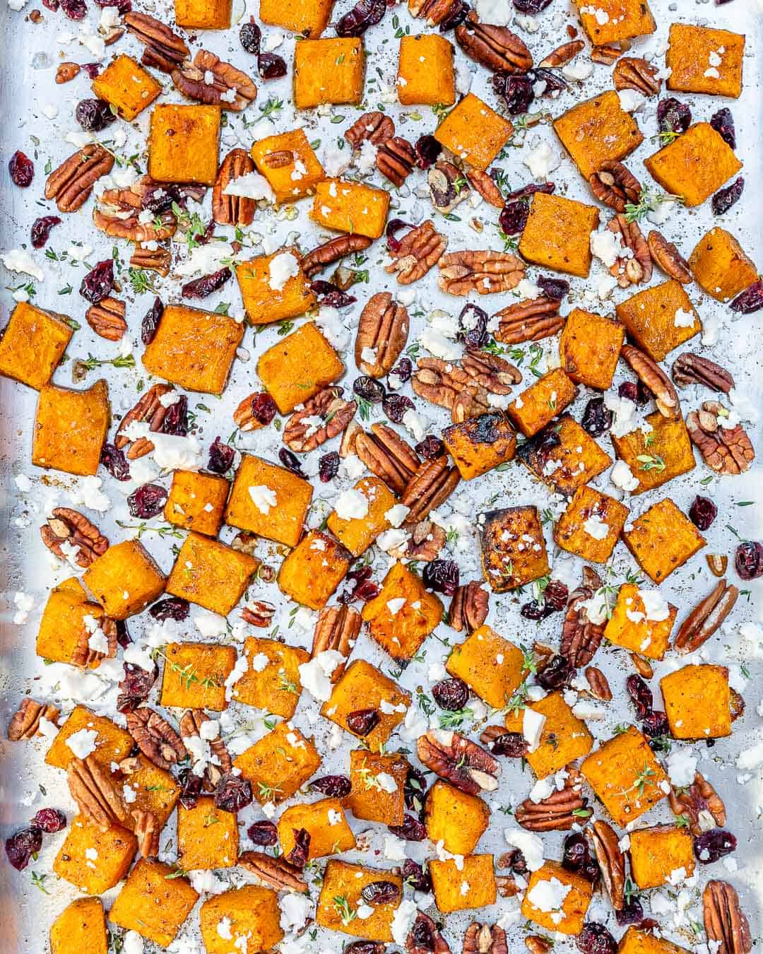 roasted squash with cranberry, feta cheese and pecan