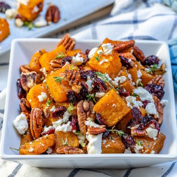 roasted squash with cranberry, feta cheese and pecan
