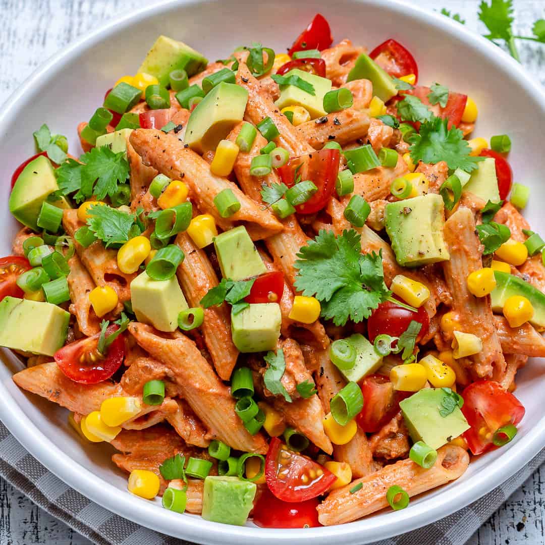 best taco pasta salad in a white bowl