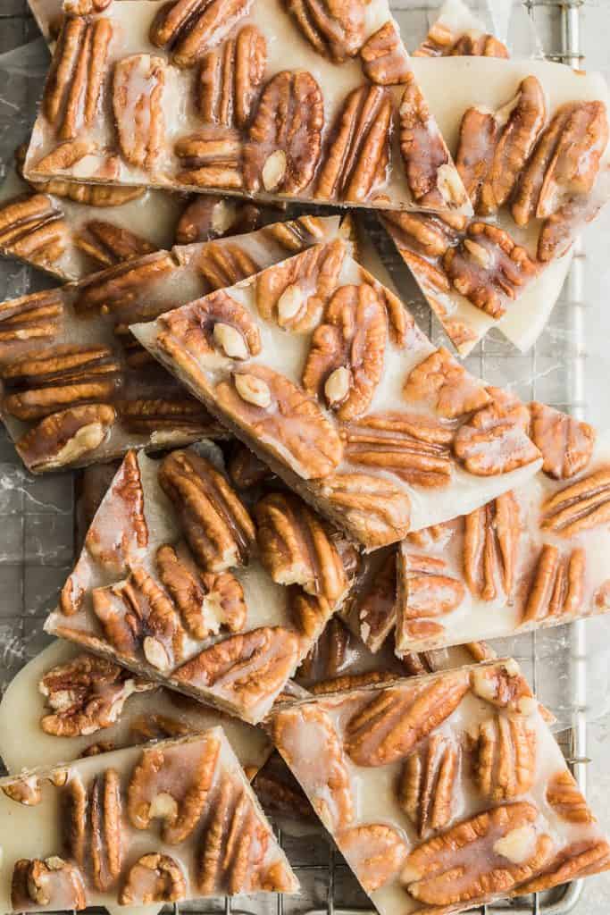 pecan brittles squares on a wire wrack
