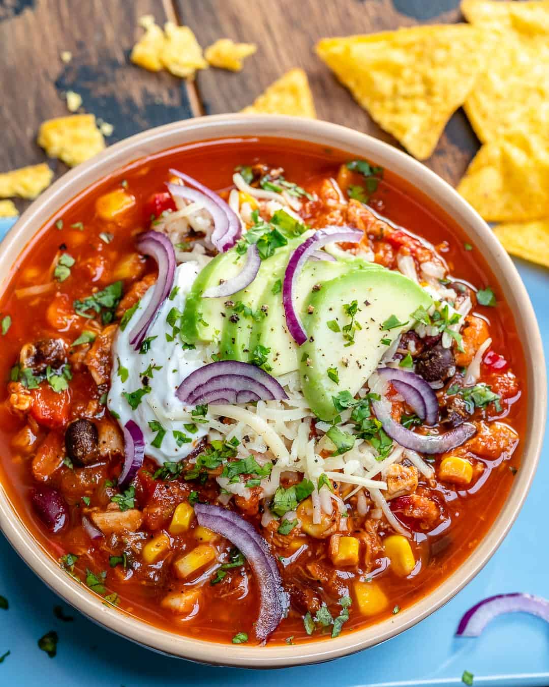 easy chicken chili with corn chips in the background