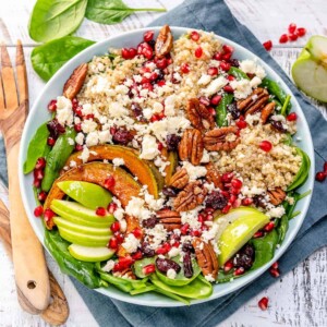 top view of quinoa salad in a white bowl