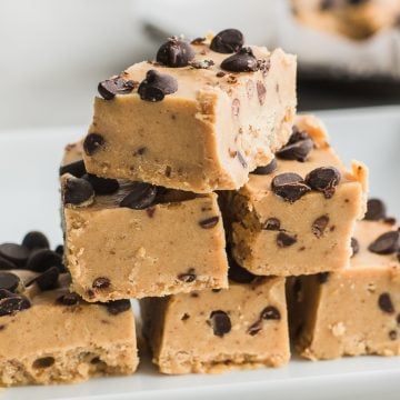 side shot of cookie dough fudge recipe on white surface