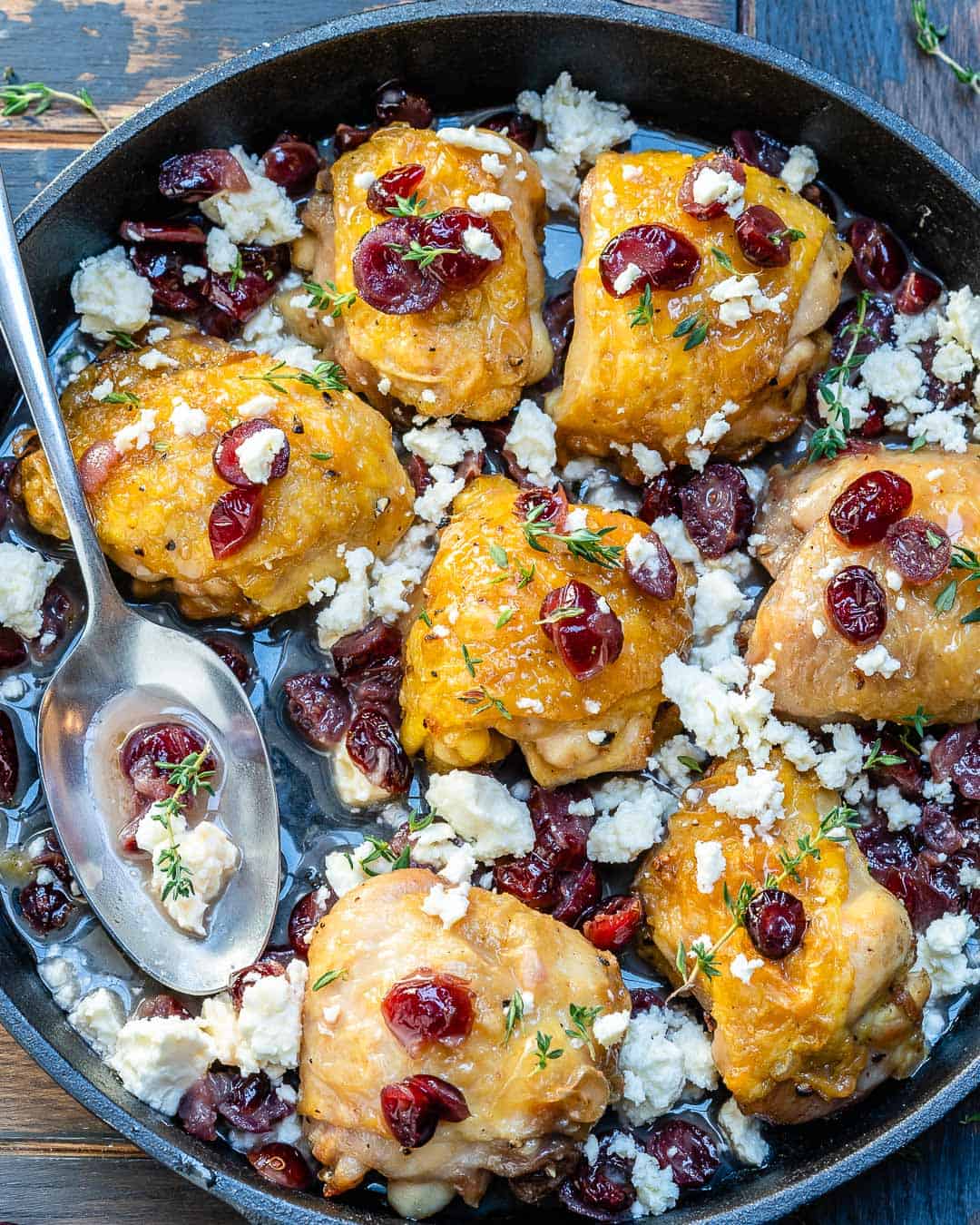 roasted chicken skillet topped with feta cheese