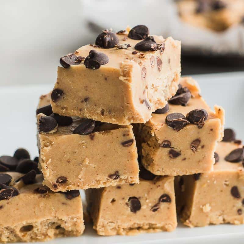 cookie dough fudge in a pile on white surface
